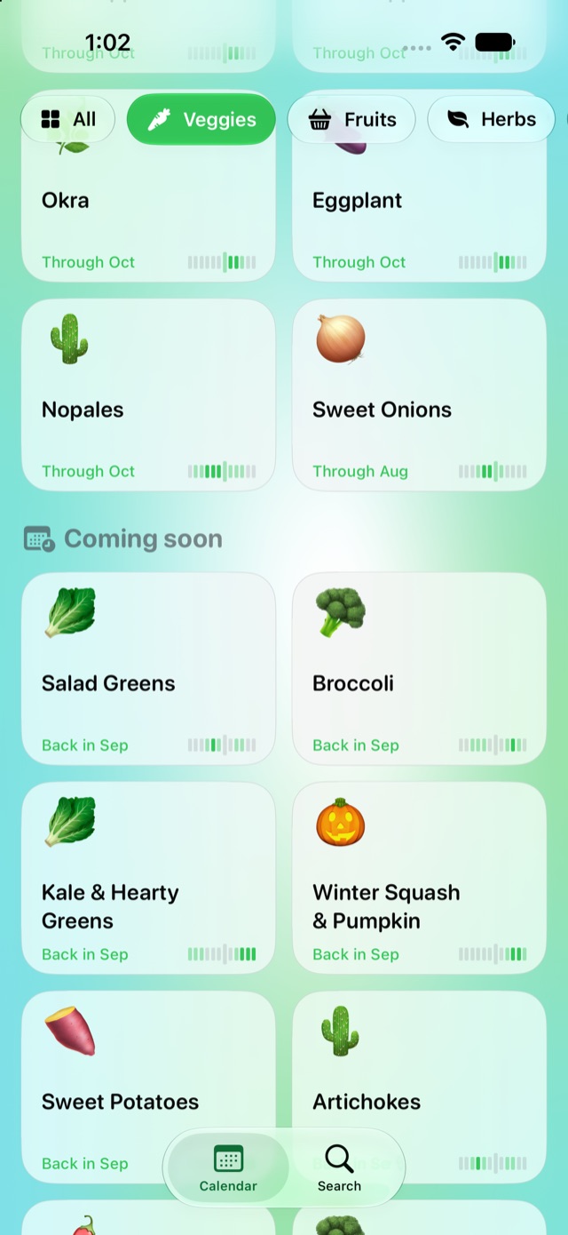 Vegetables in season with a Coming soon section