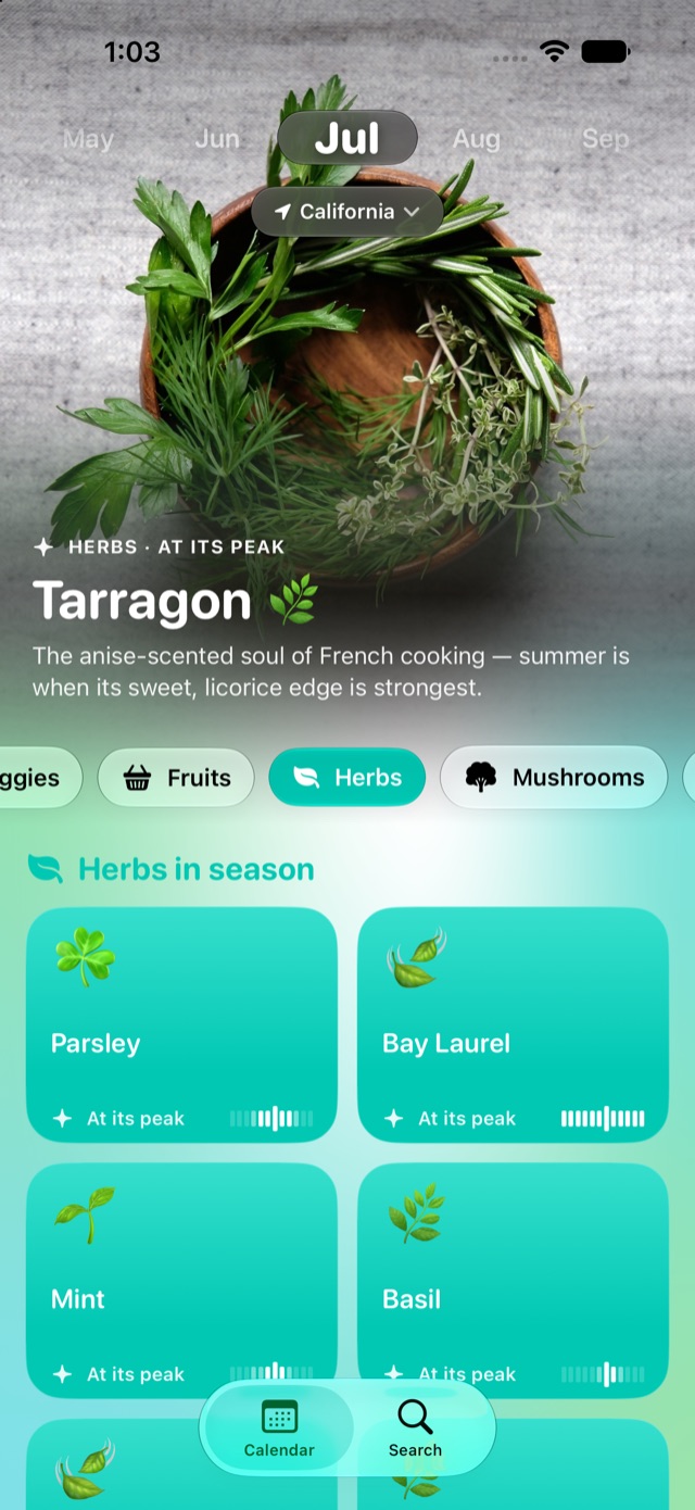Herbs in season in California, with the region selector visible