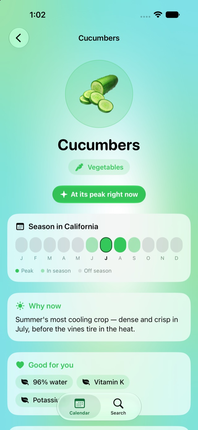 Cucumber detail with season calendar