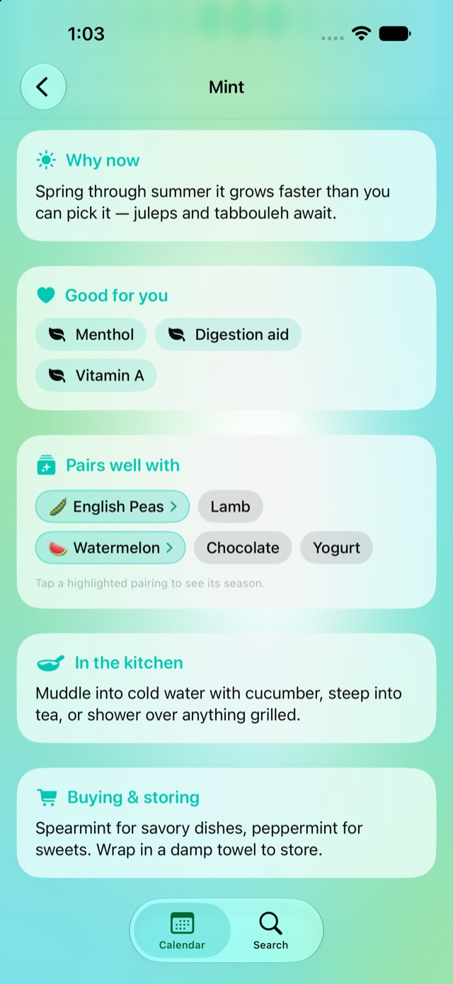 Mint's detail page showing tappable pairings and a cooking idea